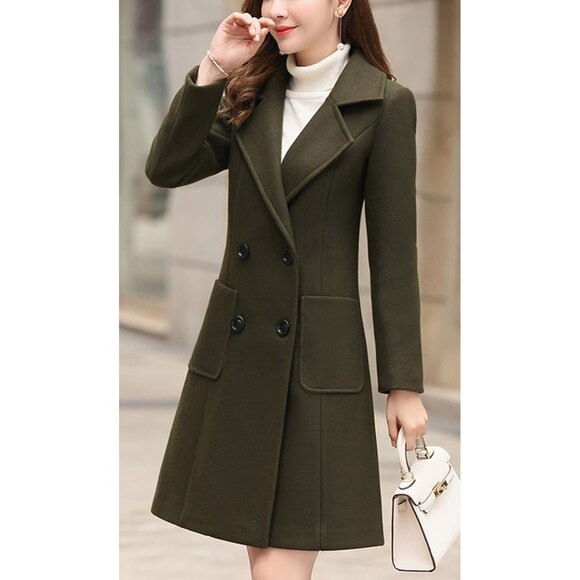 Women's Army Green Elegant Notched Collar Double Breasted Wool Blend Over Coat - Picture 3 of 5
